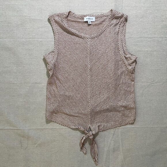 Evereve | Brown and Cream Striped Sleeveless Tie-Front Top | Small - Picture 3 of 10